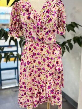 MISA Los Angeles Floral Silky Wrap Mini Dress XS Pink Ruffle Puff Sleeve NWT